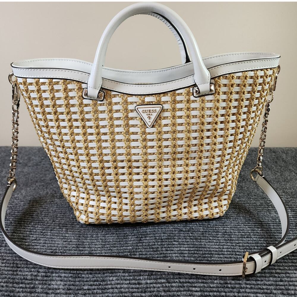 Guess Atalia Woven Raffia Tote Bag Faux Leather Trim